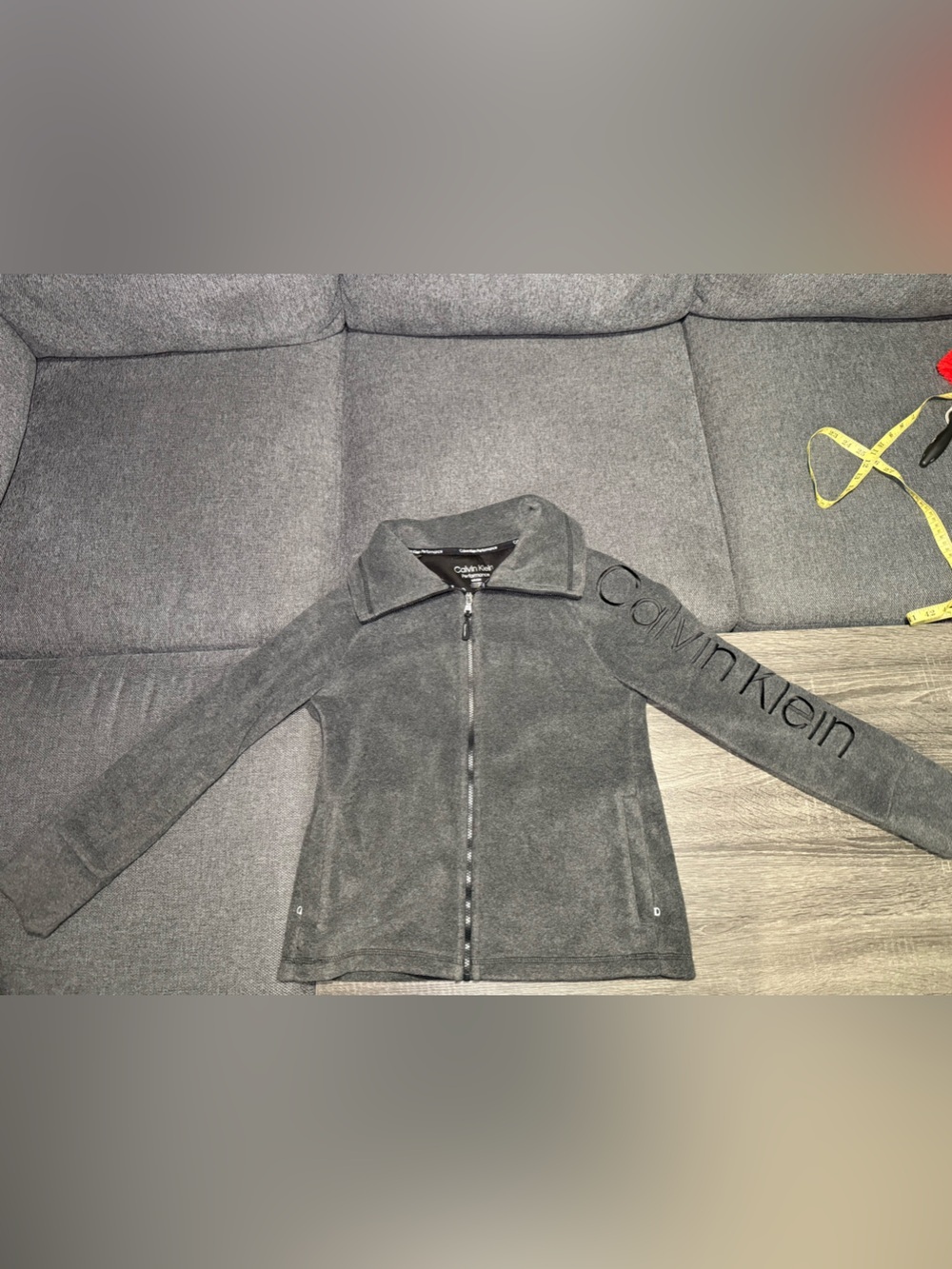 Calvin Klein Gray Zippered Fleece Jacket with Sleeve Logo - Picture 5 of 15